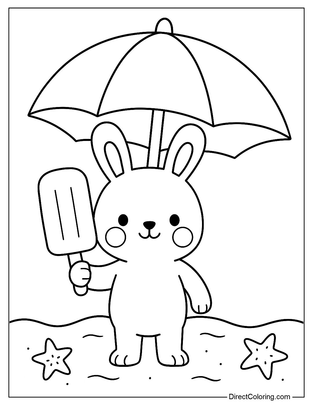 a coloring page of a baby rabbit holding a big ice cream stick, standing under a beach umbrella. 